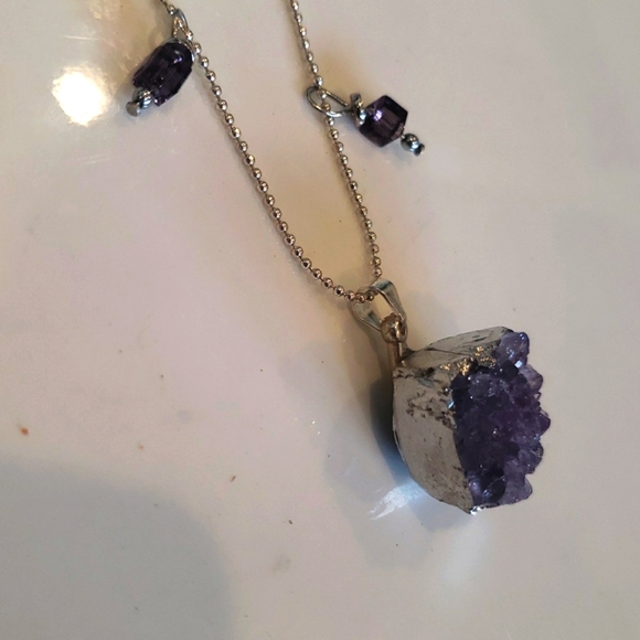 STERLING SILVER NECKLACE MEDAL RAW AMETHYST PENDANT CHAIN PURPLE - Picture 2 of 4